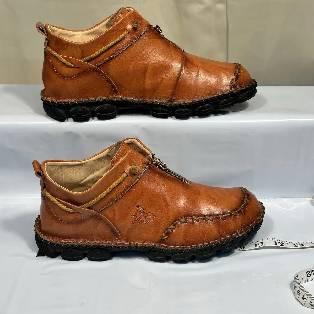 Men Casual Shoes Handmade Leather Size 11-11.5 Brown Chukka Zip Nonslip Ankle